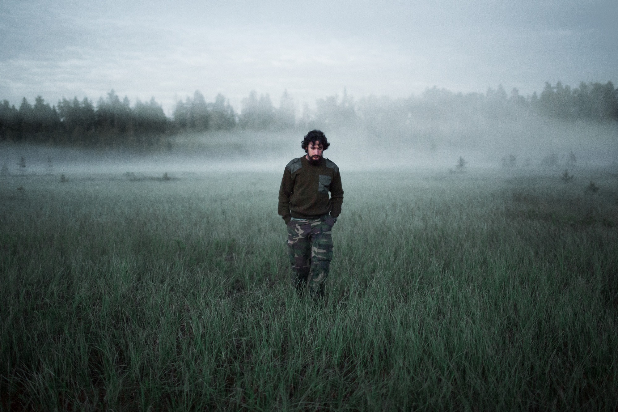A person standing in long grass beneath a misty sky, with quiet emerald greens.