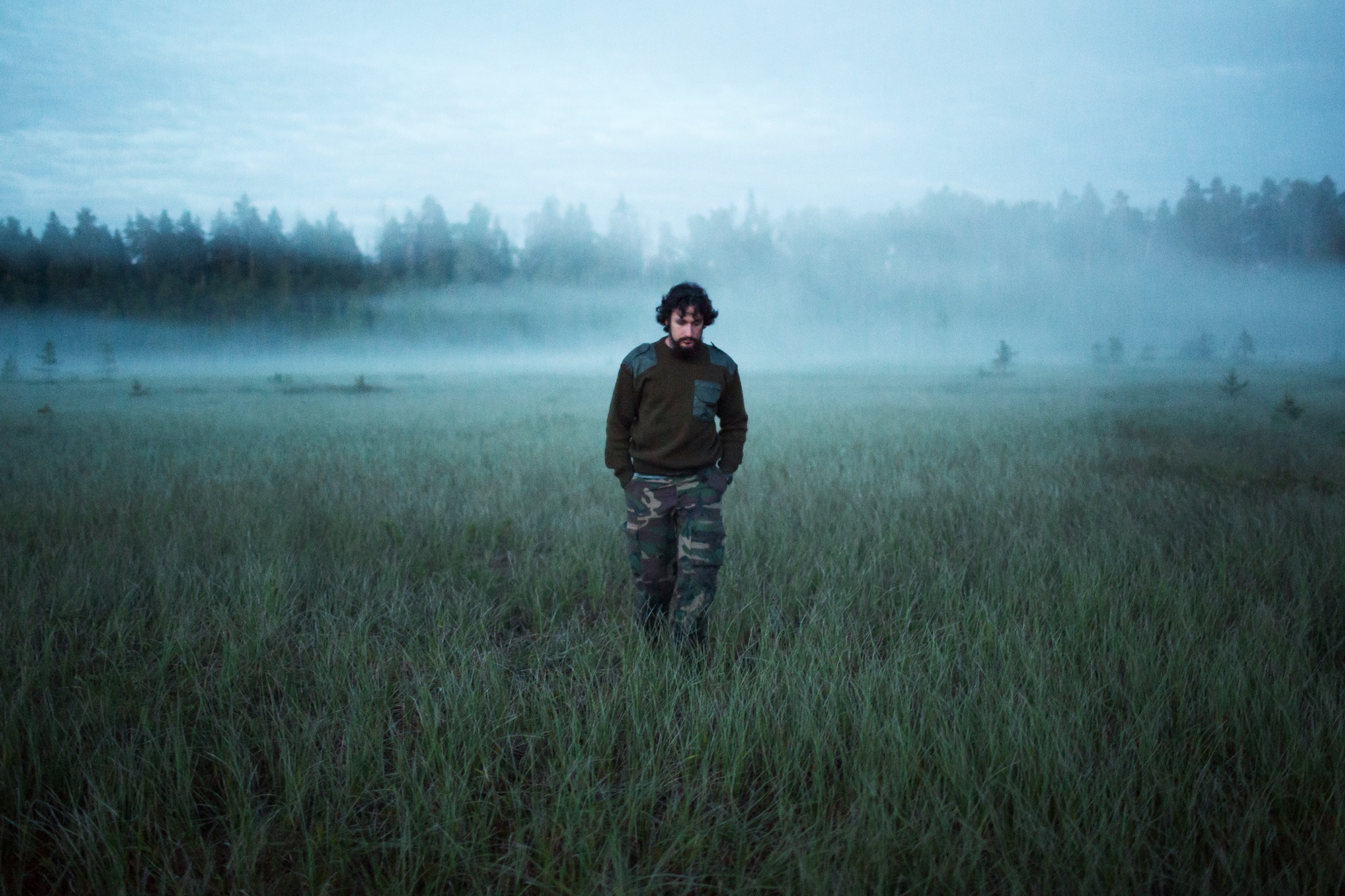 The original portrait in long grass, with a stronger cyan cast in the mist.
